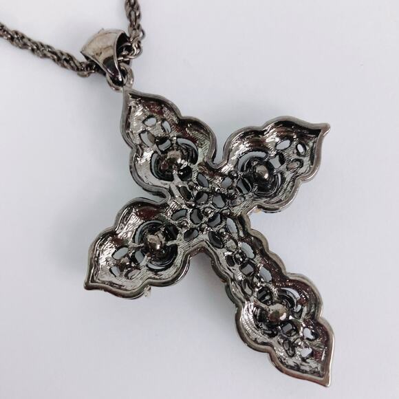 Gothic Cross Necklace Black Glass Rhinestone Silver Tone Statement Faith Pendant - Picture 9 of 13